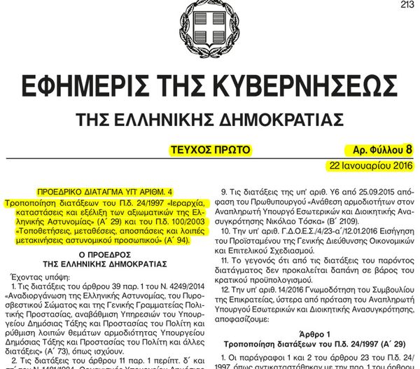 Έκδοση Π.Δ. για την ημερομηνία Κρίσεων στην Ελληνική Αστυνομία